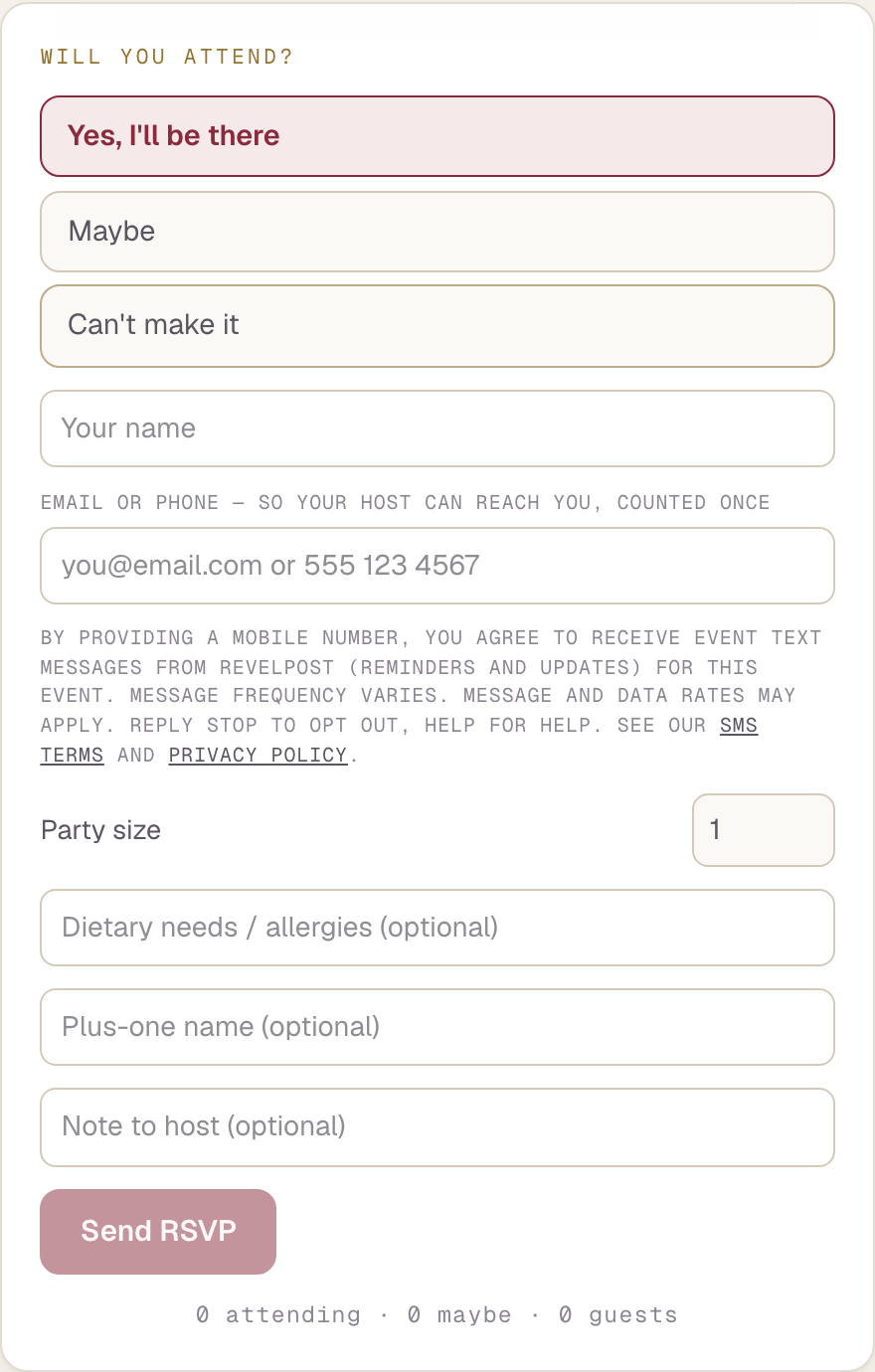 Guest RSVP form: the mobile number field with SMS consent disclosure